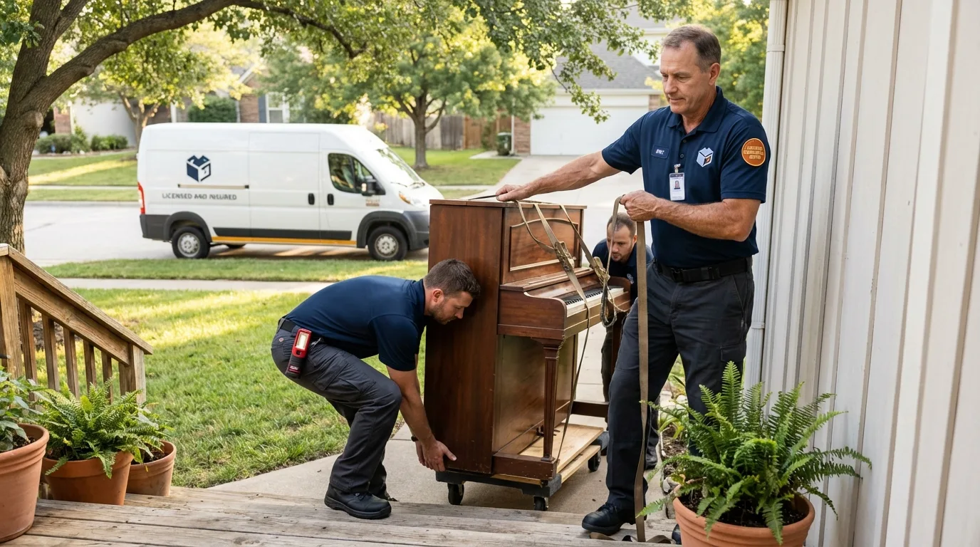 Licensed piano movers securing grand piano in Chesterland, OH