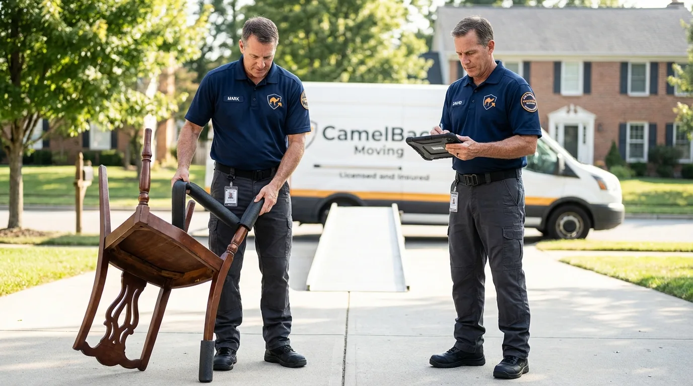 Movers inspecting furniture for damage prevention before loading in Chesterland, OH