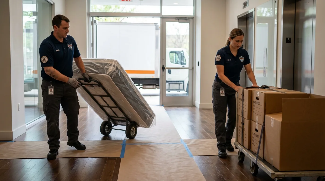 Professional apartment movers loading elevator in Chesterland, OH