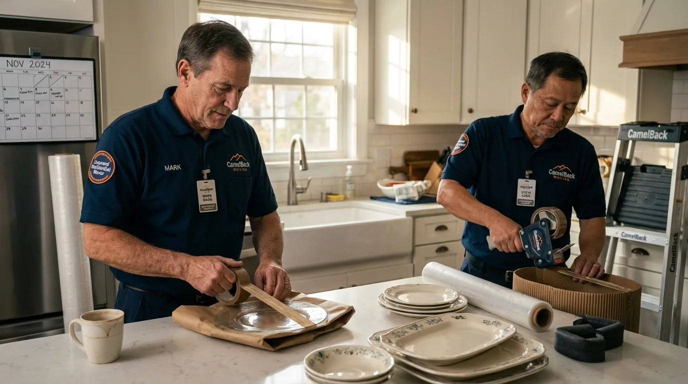 Professional crew packing kitchen dishware in Chesterland, OH